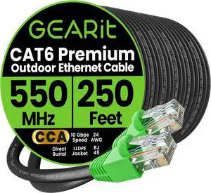 GEARit RJ45 Cat-6 Ethernet Patch Cable, 10Gpbs Transfer Speed, Gold-Plated Connectors, Copper Clad, Outdoor, UV Resistant, Direct Burial, Waterproof, Durable, 250 Foot (76.2 Meters), Black