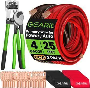 GEARit 4 Gauge CCA Ground Wire (25FT Each - Black and Red) All-in-One Kit: Crimping Tool, Cutter, 15 Lugs, and 20 Heat Shrink Wrap