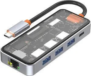 DroiX NT8 Clear USB Hub with Ultra-Fast RJ45 Gigabit Ethernet, 4K HDMI 2.0 Output, Rapid 100W PD Charging, Versatile 3X USB Type-A 3.0 Ports, Dual Micro/SD Card Readers, Sleek Design.