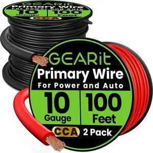 GEARit 10 Gauge Wire (100ft Each - Black/Red) Copper Clad Aluminum CCA - Primary Automotive Power/Ground for Battery Cable, Car Audio, Trailer Harness, Electrical - 200 Feet Total 10ga AWG Wire