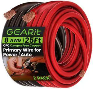 GEARit 8 Gauge Wire Oxygen Free Copper OFC (25ft Each- Black/Red Translucent) 8 AWG - Primary Automotive Wire Power/Ground, Battery Cable, Car Audio Speaker, RV Trailer, Amp, Electrical 8ga - 25 Feet