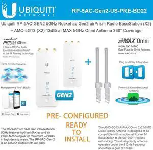 Rocket Prism ac Gen2 RP-5AC-GEN2-US (2 Units) 5GHz Radio BaseStation Pre-Configured with airMAX Omni Antenna AMO-5G13 (2 Units) 13dBi 5GHz 360° (Ready to Install)