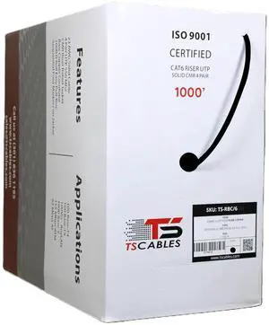 TSCables | Cat6 Riser (CMR) Bulk Ethernet Cable 1000ft, 23AWG Solid Bare Copper, 550MHz, PoE++ (4PPoE), High-Performance Network Cable, Unshielded Twisted Pair (UTP) (Black, 1000ft)