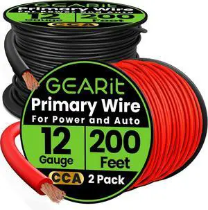 GEARit 12 Gauge Wire (200ft Each - Black/Red) Copper Clad Aluminum CCA - Primary Automotive Power/Ground for Battery Cable, Car Audio, Trailer Harness, Electrical - 400 Feet Total 12ga AWG Wire