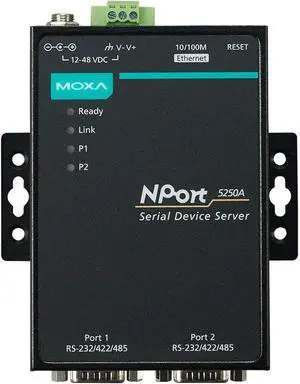 MOXA NPort 5250A-T 2 Port Device Server, 10/100M Ethernet, RS-232/422/485, DB9 Male, 15KV ESD, 0.5KV Serial Surge, 12~48VDC, -40~75C