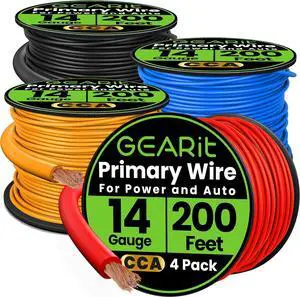 GEARit 14 Gauge Wire (200ft Each- Black/Red/Blue/Yellow) Copper Clad Aluminum CCA - Primary Automotive Power/Ground Battery Cable, Car Audio, Trailer Harness, Electrical - 800 Feet Total 14ga AWG Wire