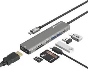 Portronics Mport 52 USB C Hub Dock (7-in-1), Multiport Adapter with 4K HDMI, 60 W PD Charging, USB 3.0/2.0 & USB Type-C Data Ports at up to 10 Gbps, microSD & SD Card Reader for Laptops(Grey)