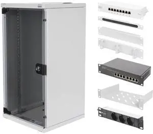 DIGITUS 10-Inch Set - Network Cabinet 12U Grey - Shelf - Power Strip - 8-Port Patch Panel - 8-Port Gigabit Switch
