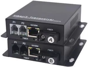 2 x RJ11 Telephone and 10/100 Mbps Ethernet Over Fiber Converter - POTS to Fiber Optic Extender, Universal Single Mode up to 20Km(12.4 mi) and Multimode 500m(0.31 mi), A Pair.