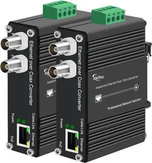 Industrial PoE+ DIN Rail EoC Converter, Ethernet Over Coax, 10/100Mbps to 300m (900m+ Daisy Chain), with PoE Output, 2 BNC Ports, DC 48V Input, for IP Cameras & Industrial Networks
