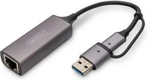 DIGITUS USB Network Adapter - 2.5 Gbit/s - RJ45 to USB-C 3.1 - incl. Type-A Adapter - Full-Duplex - Auto MDI-X - Grey