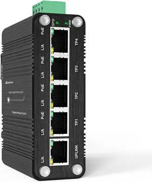 5-Ports Gigabit Solar PoE Switch for Industrial Use: Unmanaged Ethernet, IP40 Splitter, Wall/DIN Mount, 9V-54V to 48V Boost, 4x30W PoE Ports, for Solar/RV/VoIP
