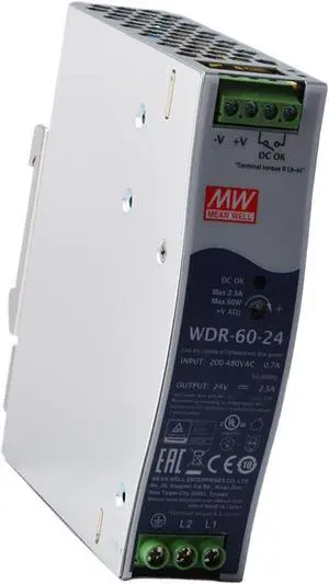 WDR-60-24, 60W DIN Rail Power Supply; 24V@2.5A; 180-550V AC In