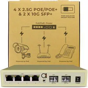 6-Port 2.5G PoE Unmanaged Ethernet Switch, 4 x 2.5G Base-T, 2 x 10G SFP+, VLAN Isolation, Supports 100/1000/2500Mbps, Fanless Metal Design, Desktop/Wall Mount, Ideal for WiFi AP, PoE Devices