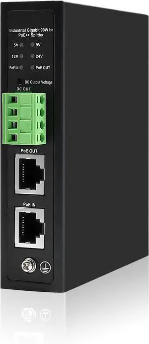 90W Industrial Gigabit POE++ Splitter, 5/9/12/24V/DC with IEEE 802.3af/at/bt PoE Output, Din Rail Mounting, IEEE 802.3bt PoE to PoE & DC Power Supply for Access Control Systems, PTZ Cameras