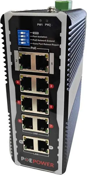 8 Port Industrial Gigabit POE Switch for Solar Installs, 12V48V DC Input, POE+ 30W Per Port, 90W-120W Total, TAA Compliant