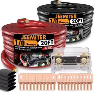 1/0 Gauge CCA Wire Kit with ANL Fuse - 40ft Total (20ft Red+Black) Car Amplifier Power Ground Cable, Complete Amp Install & Big 3 Upgrade Kit