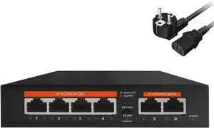 100Mbps POE Ethernet Network Switch Unmanaged 65W 4 POE +2 RJ45 Ports IEEE 802.3 af/at VLAN for WiFi Router/Camera/Wireless AP(SEV Plug)