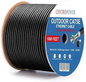 Cat 5e Outdoor Direct Burial Ethernet Cable 1000 ft, Waterproof, UV, 24AWG Solid Bare Copper Conductor, Cat 5 Long Network Cable, Black Unshielded (UTP) 350MHz, ETL Listed