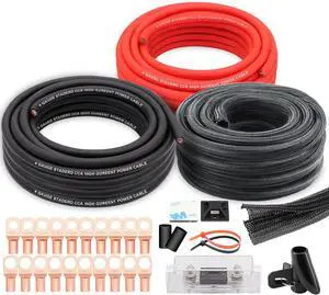 4 Gauge Wire Copper Clad Aluminum CCA 50FT Black/Red with 4ga Lugs,100A ANL Fuse Holder,50FT 1/2 inch Cable Split Sleeving,Self Adhesive Mounts Zip Ties Kit