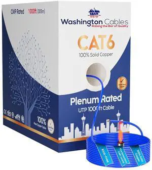 Cat6 Ethernet Cable 1000ft Plenum | 550MHz, 23AWG, 4Pair Cat 6 Plenum Cable 1000ft |100% Solid Bare Copper Conductor | Premium Cat 6 1000 ft Solid Copper Cable (Blue)