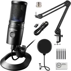 Audio-Technica AT2020USB-X Cardioid Condenser USB Microphone with Microphone Arm + Wind Screen Pop Filter + Cleaning Cloth (4 Items)