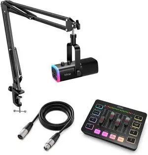 FIFINE Gaming Streaming Bundle with XLR Microphone Kit, PC Mixer, XLR Cable 10ft, Dynamic Mic with Gain Knob, Mute Button, RGB Audio Mixer Set with Individual Control, Volume Fader for Vocal Recording