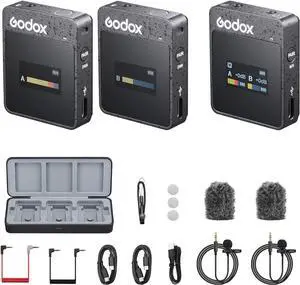 Godox MoveLink II M2 Wireless Lavalier Microphone System(2 TX + 1 RX + Charging Case), 2.4G Wireless Noise Cancelling Mic, 100m(328ft) Range for Camera, Computer, Smartphone TikTok Interview Recording