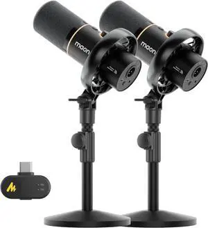MAONO PD200W Hybrid Wireless Podcast Equipment Bundle for 2, XLR USB Dynamic Microphone Kit with 2 Desktop Stand, for Co-hosted Podcast, Vocal Recording, Content Creation