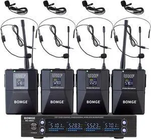 BOMGE 4 Channel UHF Wireless Microphone System with Lavalier Headset Mics, 4x50 Adjustable Frequencies, Ideal for Karaoke Meeting Church, 300ft Range (4 Bodypack)