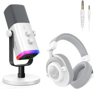 FIFINE Gaming XLR/USB Microphone with Studio Headphones Bundle, Recording Equipment Set with Headphone Jack, Volume Control, 3.5mm/6.35mm Plug Compatible with Mixer/Computer/Instrument (AM8+H8 White)