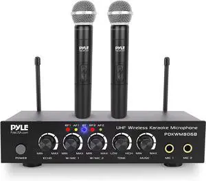 Pyle Portable UHF Wireless Microphone System - Battery Operated Dual Bluetooth Cordless Microphone Set, Includes 2 Handheld Transmitter Mic, Mixer Receiver, RCA, for PA Karaoke DJ Party PDKWM806B