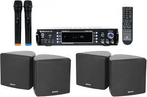 Rockville Hybrid Home Theater Karaoke Receiver+Mics+(4) 3.5" Black Cube Speakers