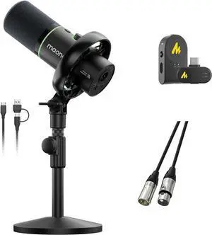 MAONO PD200W Hybrid Wireless Podcast Microphone for PC, Dynamic XLR USB Mic with Desktop Stand(PD200W+Camera Receiver+XLR-180)