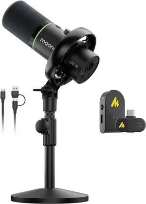MAONO PD200W Hybrid Wireless Podcast Microphone for PC, Dynamic XLR USB Mic with Desktop Stand(PD200W+Camera Receiver)