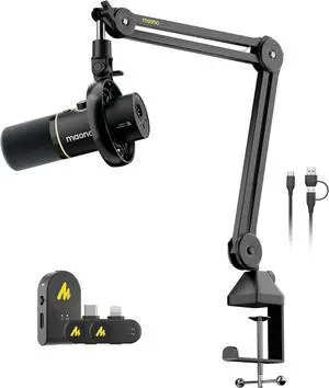 MAONO PD200W Hybrid Wireless Podcast Microphone for PC, XLR USB Dynamic Mic Kit with Boom Arm(PD200W+Camera/Lightning Receiver)