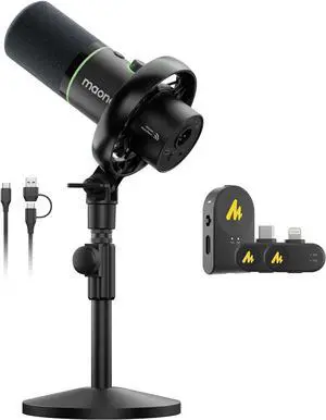 MAONO PD200W Hybrid Wireless Podcast Microphone for PC, Dynamic XLR USB Mic with Desktop Stand(PD200W+Lightning/Camera Receiver)