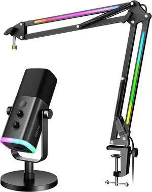 FIFINE XLR/USB Dynamic Microphone kit with Boom Arm Bundle, Gaming Streaming Equipment Set with Volume Control, RGB Lighting Modes, Headphone Monitor, Mute for Recording, Video Creation (AM8+BM38)