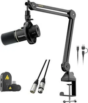 MAONO PD200W Hybrid Wireless Podcast Microphone for PC, XLR USB Dynamic Mic Kit with Boom Arm(PD200W+Camera Receiver+XLR-180)