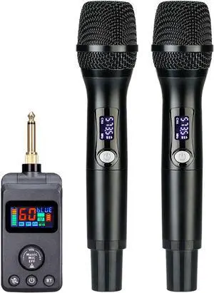 Dual Wireless Microphone, Professional UHF DSP Handheld Dynamic Mic System Set with Rechargeable, Wireless Microphone for Karaoke, Wedding, Home Entertainment