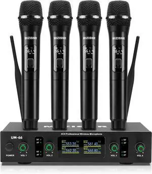 UHF Wireless Microphone Systems, 4 Channels Cordless Handheld Dynamic Karaoke Mic Set, Auto Connect 300ft Range Transmission for Singing, Karaoke, DJ Party, Church, Wedding, PA Speaker