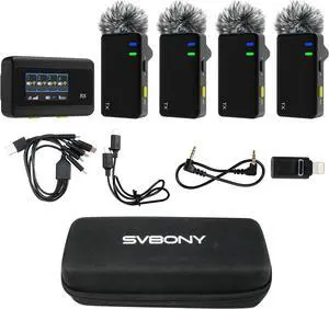 SVBONY SVMic D4 4-Person Lavalier Microphone System, Smart Display, 656ft Range, 2-Level Noise Cancelling, Safety Track, Magnetic & Clip-On Dual Mounting Wireless Mic for for iPhone, Camera, Android