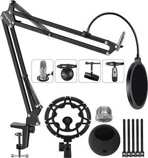 Blue Yeti Boom Arm Adjustable Suspension Microphone Mic Stand Desk with Shock Mount 3/8'' to 5/8'' Screw Adapter Pop Filter for Live Streaming Podcasting Gaming, Recording