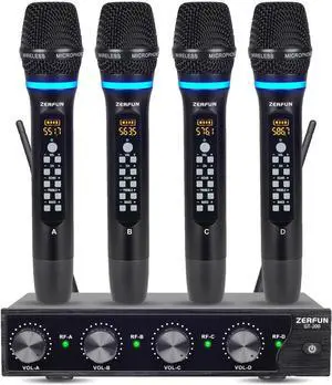 Pro Rechargeable Wireless Microphone System 4 Channel, UHF Metal Handheld Wireless Microphones Cordless Mics with Echo Treble BASS VOL Channel Control for Karaoke Singing Church(GT-200)