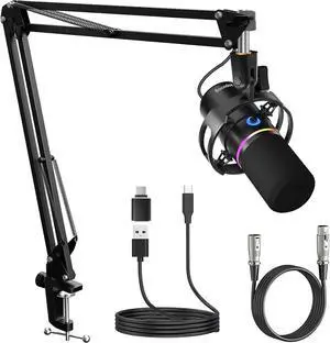 XLR/USB Dynamic Microphone Kit,Podcast Microphone with Boom Arm for Streaming,Gaming Mic with Mute and Noise Cancelling Function,Volume Control,Headphone Jack