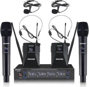 4 Channel UHF Wireless Microphone System with Lavalier Headset Mics, 4x50 Adjustable Frequencies, Ideal for Karaoke Meeting Church, 300ft Range (2 Handheld 2 Bodypack)