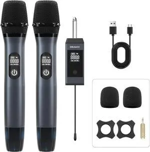 Wireless Microphone, UHF Dual Wireless Metal Dynamic Microphone System with Rechargeable Receiver, Suitable for Karaoke Singing, Weddings DJ Party, Speech, Church, Classroom use, 200 feet