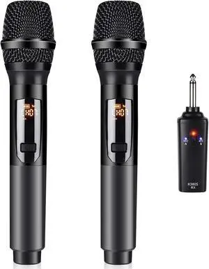 Wireless Microphone, K380S Dual Cordless Metal Dynamic Mic System with Rechargeable Receiver, for Karaoke Singing, Wedding, Party, Speech, Church, Meeting