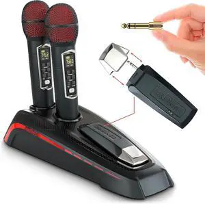 MASINGO 2 Wireless Karaoke Microphones, Integrated Bluetooth Receiver - Connects Mics and Smartphone to Any Speaker with AUX/Mic Input - Includes Singer Vocal Removal Mode + Charging Base - A12