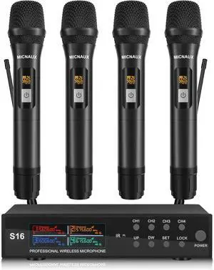 Wireless Microphone System, Pro 4 Channel UHF Mics Set with Metal Cordless Handheld Mics & Receiver, 200 Adjustable Frequency, 300ft Range for Singing, Church, Karaoke, Party